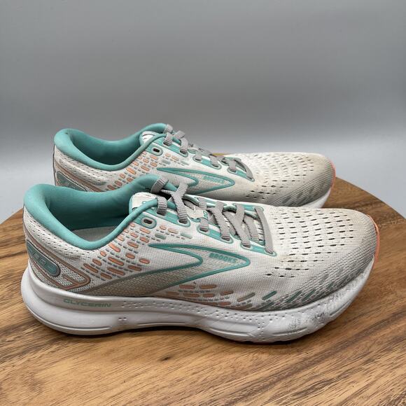 Brooks Glycerin 20 Shoes Womens Size 9.5 B White Teal Running Comfort Walking - Picture 1 of 8